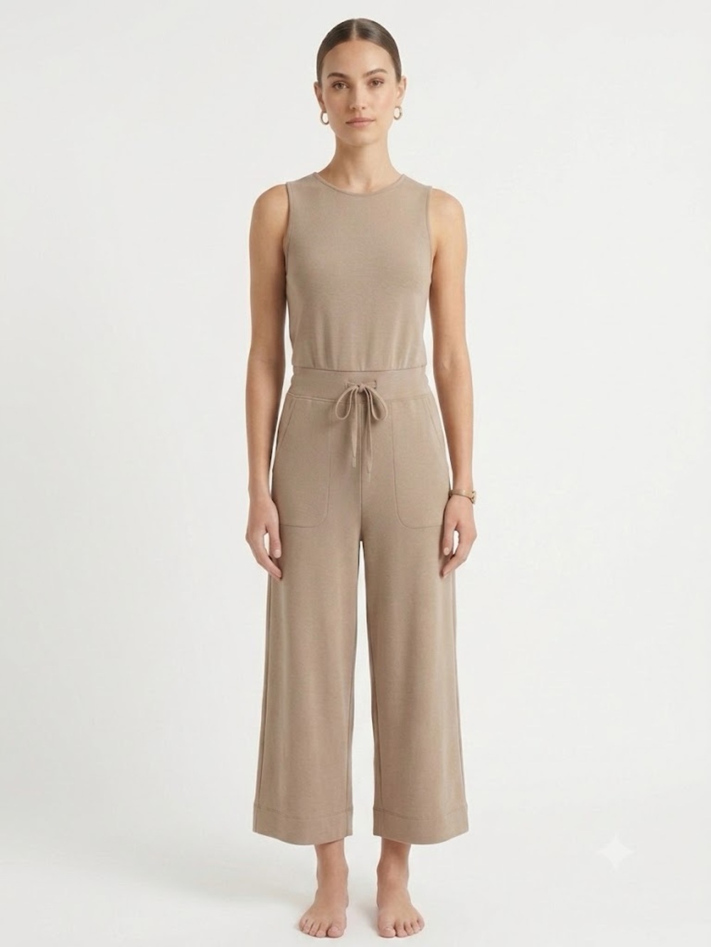 Spanx AirEssentials Wide Leg Jumpsuit Mock Neck Cropped Taupe Extra Small